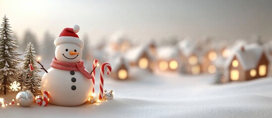 A cheerful snowman with a festive backdrop of snowy houses and trees.