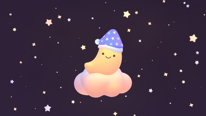 3D render cartoon moon with nightcap in the starry sky.