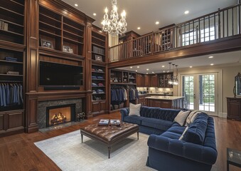 Fototapeta premium Luxurious Modern Living Room with Elegant Sofa, Stunning Wood Cabinets, Cozy Fireplace, and Open Layout in a Sophisticated Home Interior Design