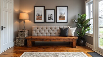 Fototapeta premium Living room console table styling with table lamps, decorative boxes, and framed photos