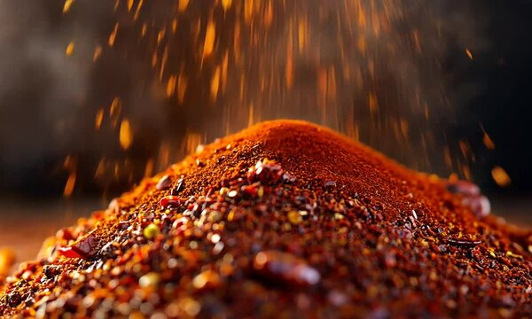 A close-up of a mound of vibrant red chili powder with spices sprinkled above.