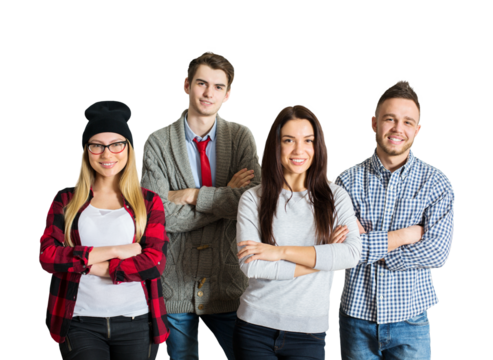Group of diverse young adults standing with folded arms, smiling, casual attire, isolated on white background, concept of teamwork, confidence