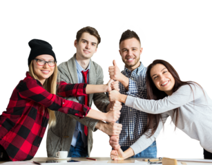 Group of cheerful young adults holding hands together in a teamwork gesture, isolated on white background, symbolizing collaboration and unity