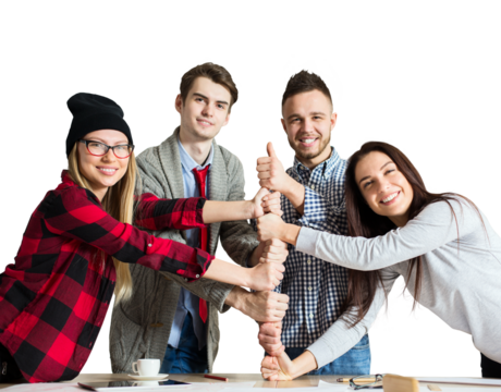 Group of cheerful young adults holding hands together in a teamwork gesture, isolated on white background, symbolizing collaboration and unity