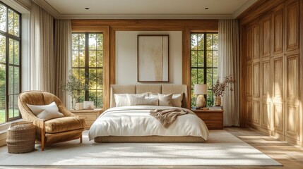 Master bedroom sitting area with upholstered chair, side table, and reading lamp setup