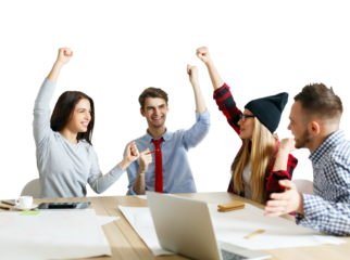 Team of four young people celebrating success at the office table. Bright setting, white background, concept of teamwork and achievement
