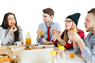Group of friends sharing pizza and juice, sitting around a table with pizza boxes. Isolated on a white background. Concept of togetherness, casual dining