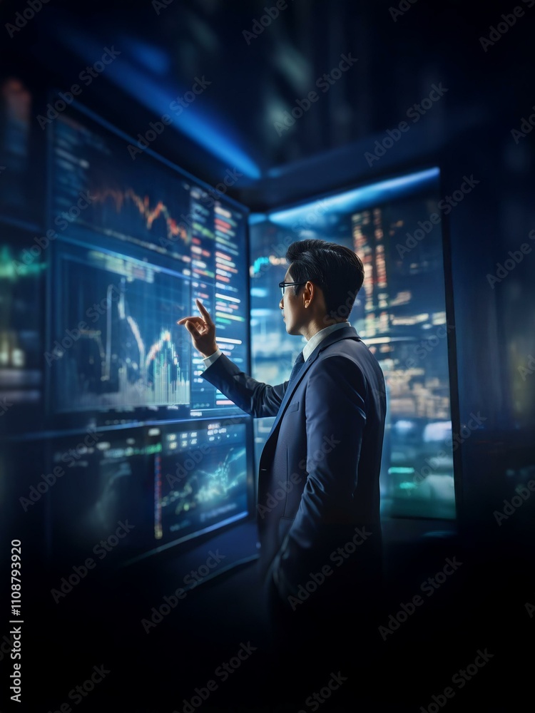 Fototapete a man in a suit stands before a large screen, analyzing the data on a chart.