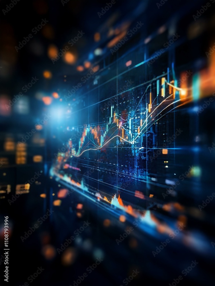 Leinwandbilder a blurry background with digital data, charts and graphs displayed on a screen, with bright colorful