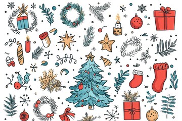 Doodles Christmas elements. Color vector items. Illustration with new year decor. Design for prints and cards.
