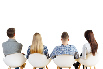 Back view of four seated individuals, two men and two women, on modern chairs on a clean white background. Concept of teamwork or audience