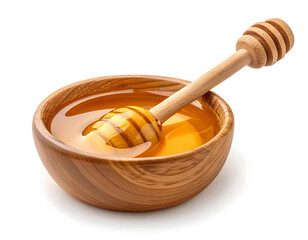 A wooden bowl filled with honey and a wooden honey dipper, isolated against a white background.