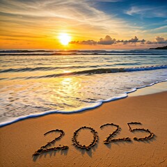 Happy New Year 2025 text on the sea beach.