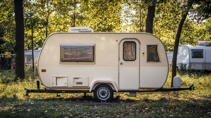 A vintage camper trailer parked among trees, ideal for outdoor adventures and travel.