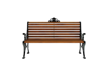 Wooden bench with ornate metal details situated in a serene outdoor park setting