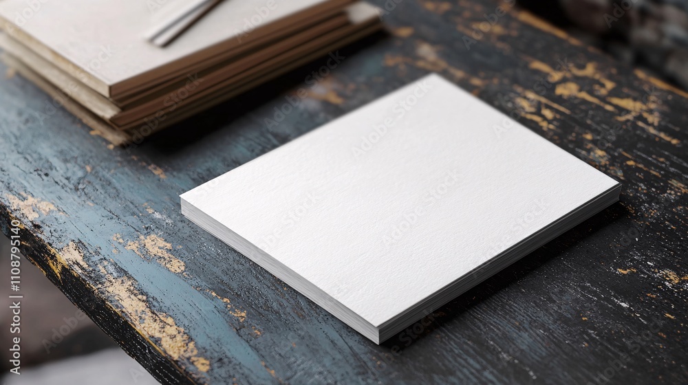 Poster Stack of blank paper sheets resting on rustic wooden table