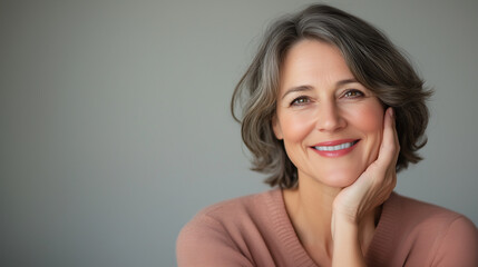Fototapeta premium A confident mature woman with radiant, youthful skin, gently touching her cheek as she smiles softly. The neutral background enhances her graceful features and highlights her beaut