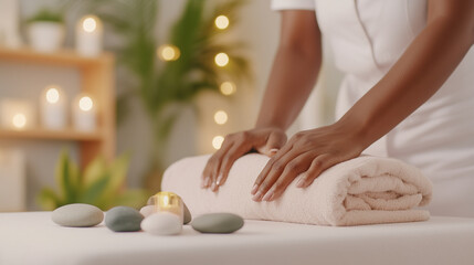 A spa professional giving a therapeutic back massage to a woman resting on a white table, surrounded by calming decor like soft towels and stones. The natural light enhances the se