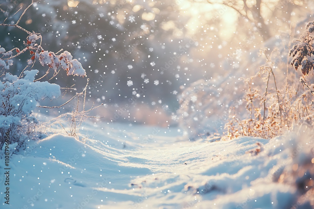 Aufkleber a serene winter scene with softly falling snowflakes, a snowy path, and glistening frost, creating a