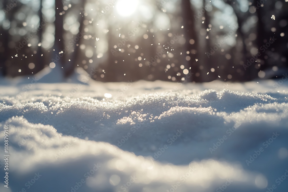 Poster a serene winter scene featuring softly falling snowflakes, with sunlight filtering through tree bran