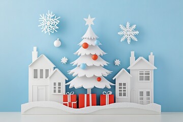 Fototapeta premium Origami paper art of Christmas tree in the forest with presents, Merry Christmas and Happy New Year 