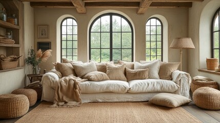 Fototapeta premium Living room blanket storage with basket arrangement and decorative display