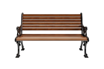 Park bench made of wood and metal situated in an urban setting during daytime hours