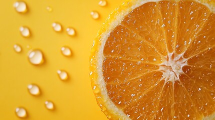 Close up of a juicy orange half with water droplets on a yellow background.