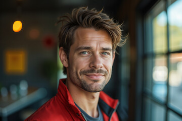Obraz premium Man with a beard and mustache, wearing a red jacket, is seated at a table inside a restaurant or cafe, smiling towards the camera.