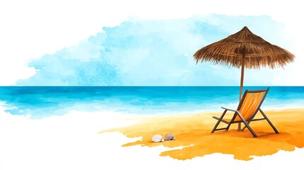 Fototapeta premium A serene beach scene featuring a straw umbrella and a lounge chair beside the turquoise ocean and sandy shore, perfect for relaxation and leisure.