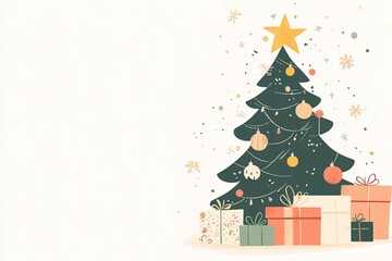 Fototapeta premium Happy Santa claus standing with gift boxes and christmas tree. Cartoon character. Vector illustration 