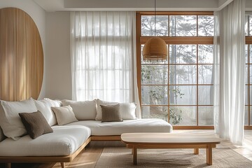 Minimalist, a living room photo of a combination of Scandinavian interiors and japandi interiors with windows visible and white sofas. Generative AI
