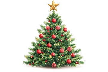 Fototapeta premium Clean studio shot of a gorgeous natural Christmas tree decorated with red and gold baubles and top star, isolated on white 