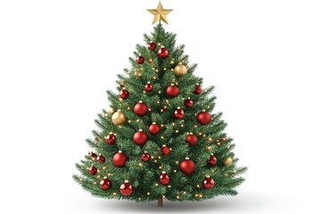 Fototapeta premium Clean studio shot of a gorgeous natural Christmas tree decorated with red and gold baubles and top star, isolated on white 