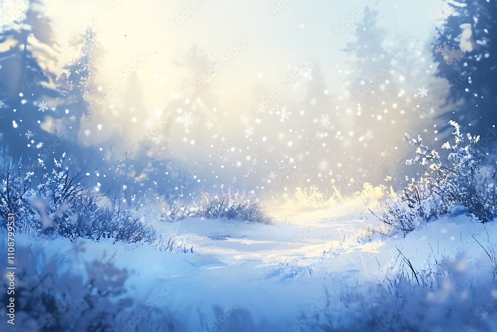 Aufkleber a serene winter landscape with soft snowfall, illuminated by gentle sunlight filtering through frost