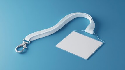 Blank ID badge with a clip and lanyard on a blue background.