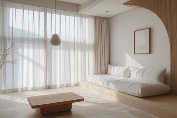 Fototapeta premium Minimalist, a living room photo of a Scandinavian interior and japandi interior combination with wood decorating parts of the wall and pendant lights and white sofas. Generative AI 