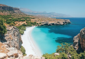 Obraz premium Serene Coastal Landscape Featuring Clear Turquoise Waters, Sandy Beach, Rocky Cliffs, and Lush Greenery in a Picturesque Summer Setting