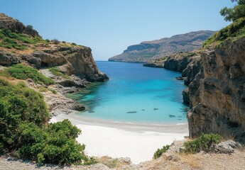 Fototapeta premium Serene Coastal Landscape Featuring Crystal Clear Waters, Sandy Beach, and Lush Greenery in a Picturesque Bay Surrounded by Rugged Cliffs and Bright Blue Sky