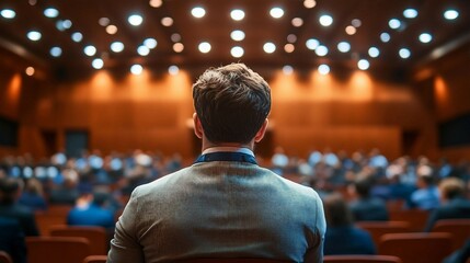 Fototapeta premium a man sitting in front of an auditorium full of people