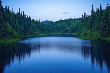 Obraz premium Serene Lake Surrounded by Lush Green Forest at Dusk with Reflections of Trees in Calm Water under a Soft Blue Sky