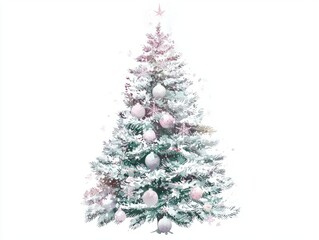 Fototapeta premium Festive Watercolor Christmas Tree with Ornaments and Snowflakes on Isolated White Background, Vibrant Colors and Fine Detailing, Ultra-Detailed Artwork