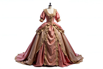 A 17th, 18th century ball gown on mannequin, elegant design with fitted bodice in ornate lace embroidery, fine lady wear, Victorian, Georgian, Regency era style clothing. Isolated on white background.