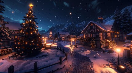 A snow-covered village at night, with warm lights glowing from windows and a large Christmas tree in the town squar