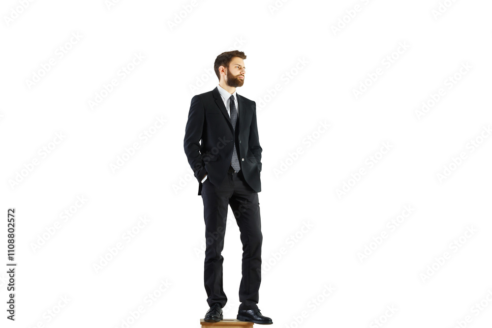 Poster a man in a formalsuit with a tie, standing confidently on a white background. professional attire co