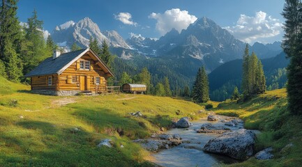 A serene mountain landscape featuring a wooden cabin by a stream, surrounded by lush greenery.