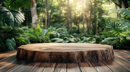 Fototapeta premium A wooden platform in a lush forest, illuminated by soft sunlight.
