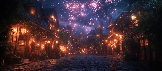Fototapeta premium A magical night scene of a cobblestone street illuminated by lanterns and fireworks.