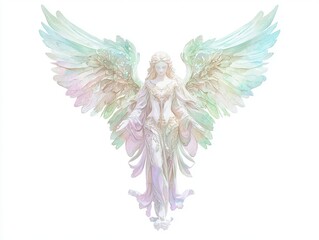 Ethereal Christmas Angel: Stylish Watercolor Hand-Drawn Figurine with Intricate Details and Serene Expression on Isolated White Background