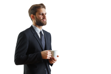 Portrait of a man in a business suit holding a coffee mug, isolated on a white background, symbolizing relaxation, professionalism, or office work